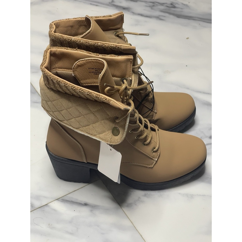 Ashley Blue Womens Sz 9 Tan Lace-Up Ankle Boots With Fold-Down Knit Cuffs